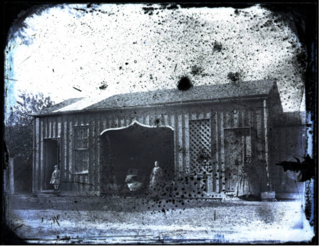 Carriage House and an (assumed) domestic servant, collodion glass plate negative by Edward C. Boynton, a professor of chemistry, minerology, and geology from 1856–1861