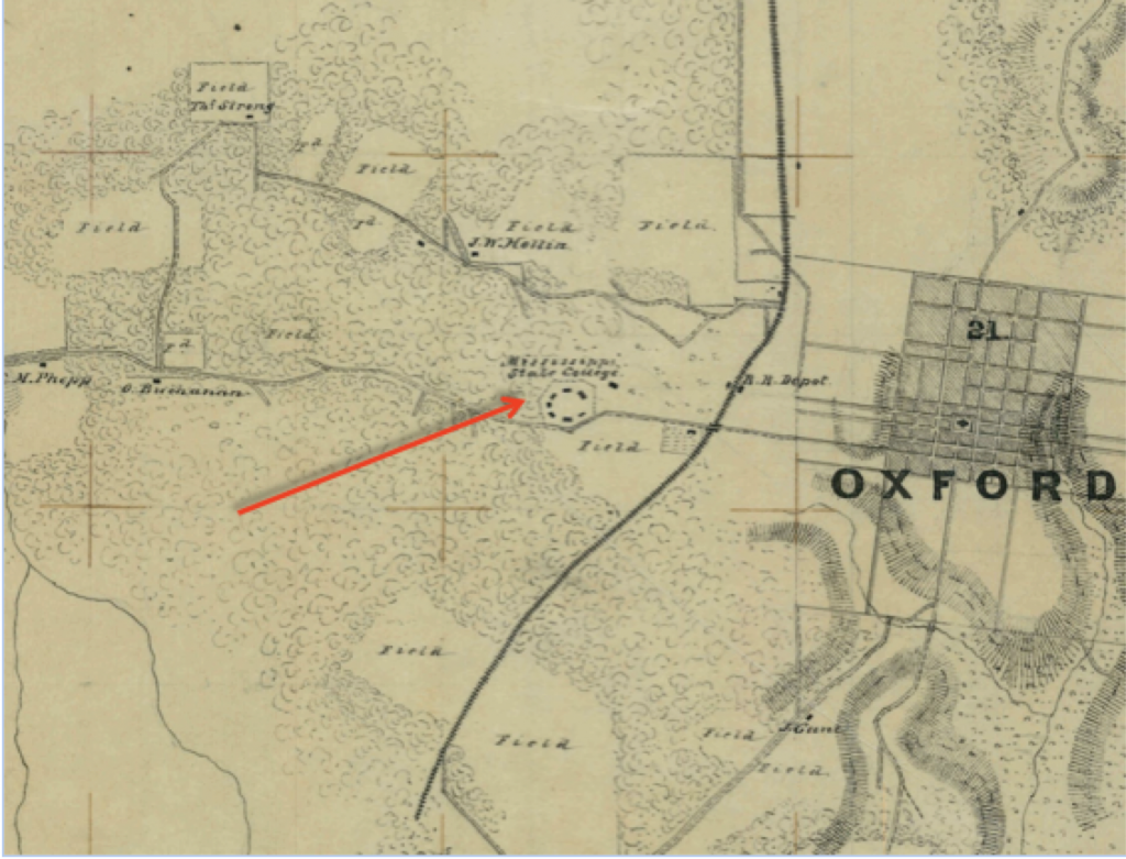 Portion of Lumpkin’s Mill to Oxford Map showing UM Campus in 1862