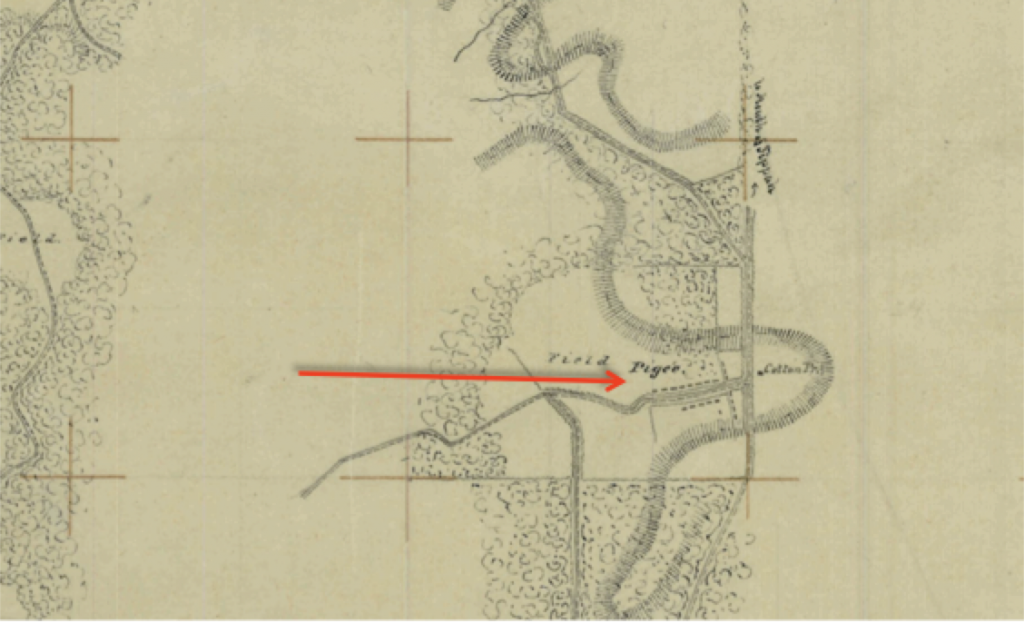 Portion of Lumpkin’s Mill to Oxford Map showing “Pigee” (Pegues) Field with Cotton Press and rows of slave quarters.